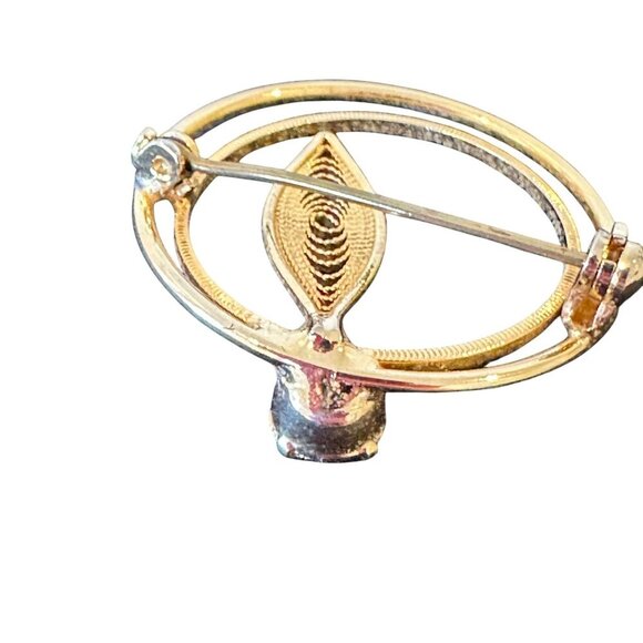 Vintage Gold Double Circle Brooch Leaf Filigree Design Amber Rhinestone 1.25in - Picture 5 of 14